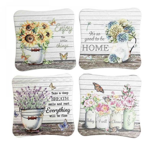 Set Of 4 Encouraging Words Floral Patterned Coasters