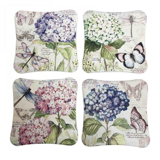 Set Of 4 Hydrangeas, Butterflies And Dragonflies Coasters