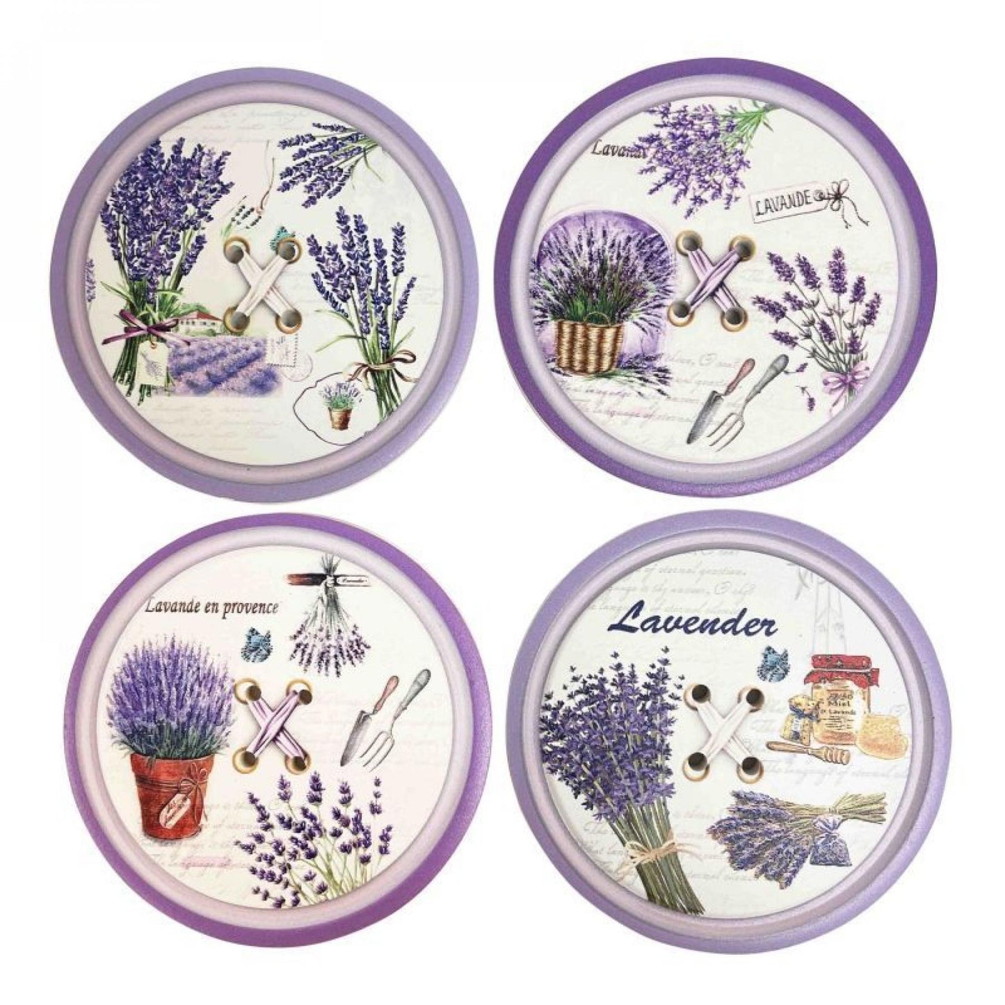 Set Of 4 Button Shaped Assorted Lavender Themed Coasters