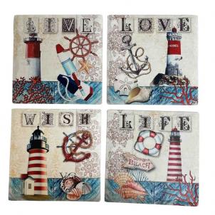 Set Of 4 Nautical Themed Lighthouses-Live,Love,Wish,Life Coasters