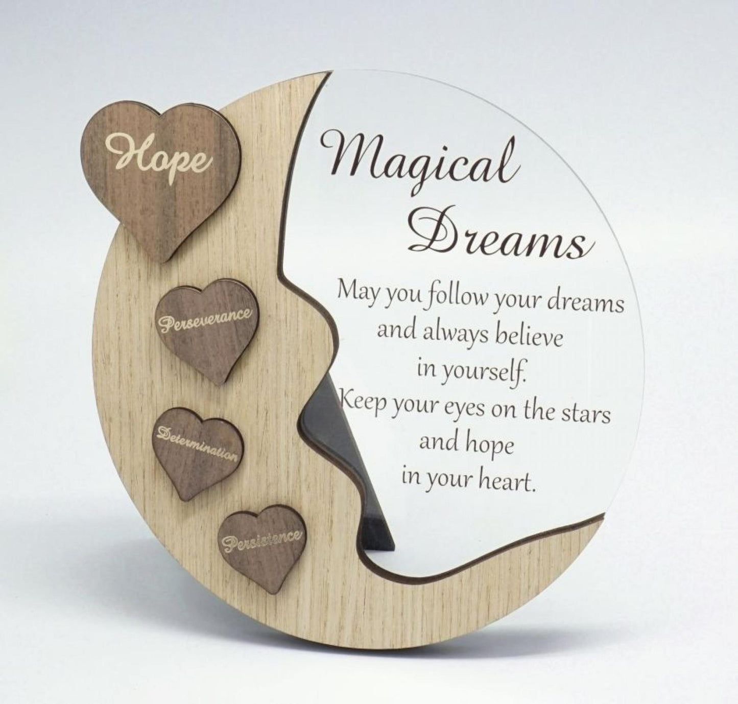 Moon With Words On Hearts And Text Message- Magical Dreams Plaque