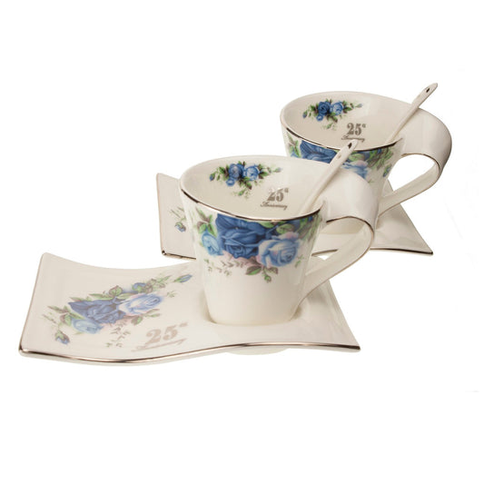 Set Of 2 25Th Anniversary With Blue Roses Wave Cup & Saucers