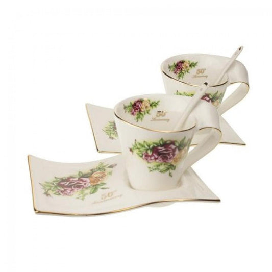 Set Of 2 50Th Anniversay With Pink Roses Wave Cup & Saucers