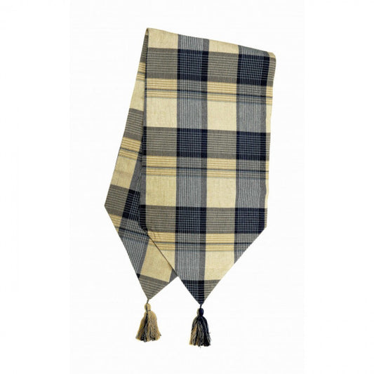 13x54" Sand Blue Check Pattern With Tassels Table Runner