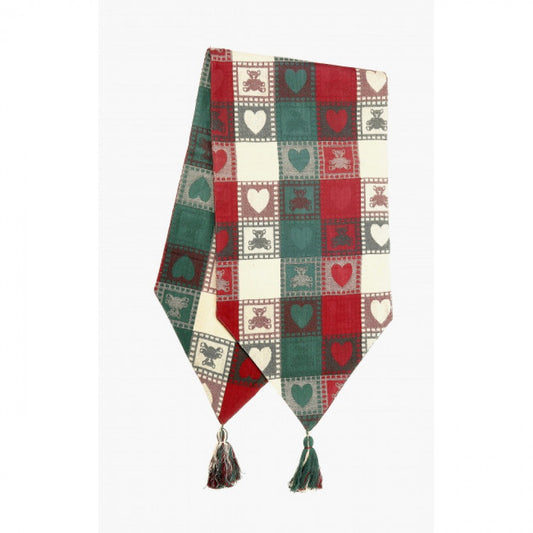 13x54" Teddy Bears And Hearts Check Pattern With Tassels Table Runner