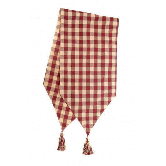 13x54" Burgundy And Beige Check Pattern With Tassels Table Runner