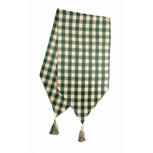 13x54" Green And Beige Check Pattern With Tassels Table Runner
