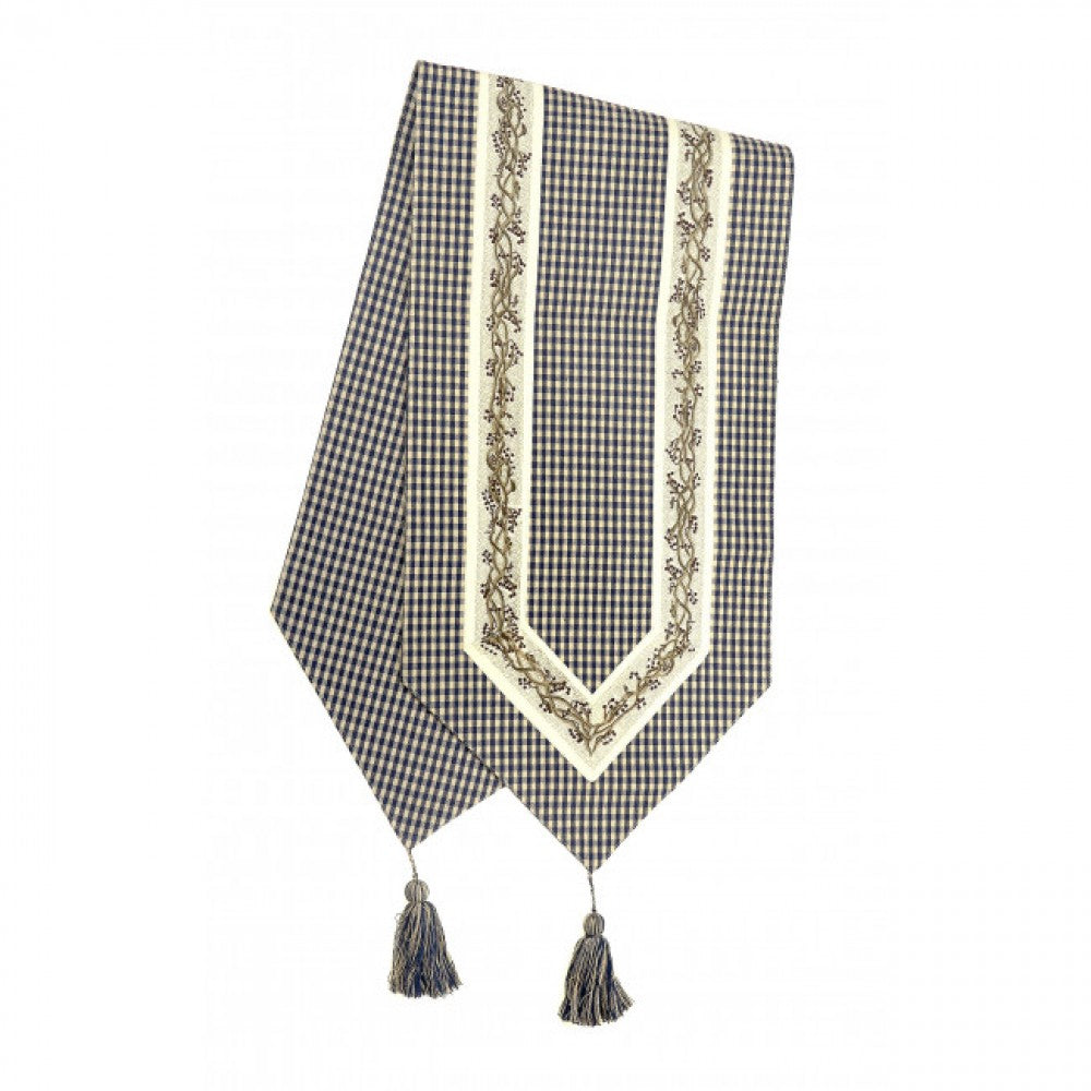 13x54" Navy Blue And White With Berryvines Check Pattern With Tassels Table Runner
