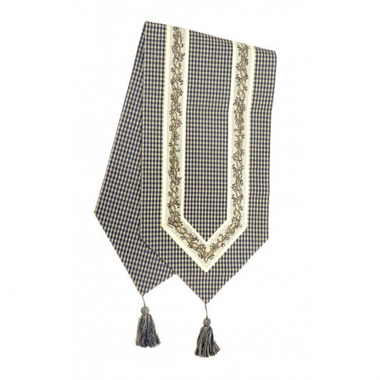 13x54" Navy Blue And White With Berryvines Check Pattern With Tassels Table Runner