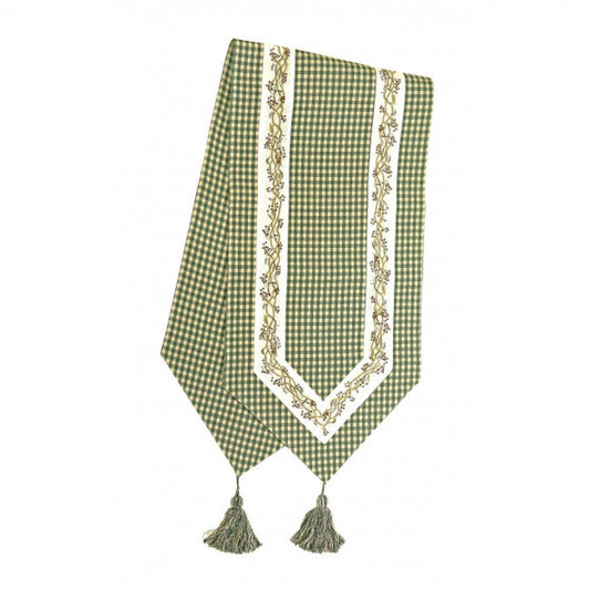 13x54" Green And White With Berryvines Check Pattern With Tassels Table Runner
