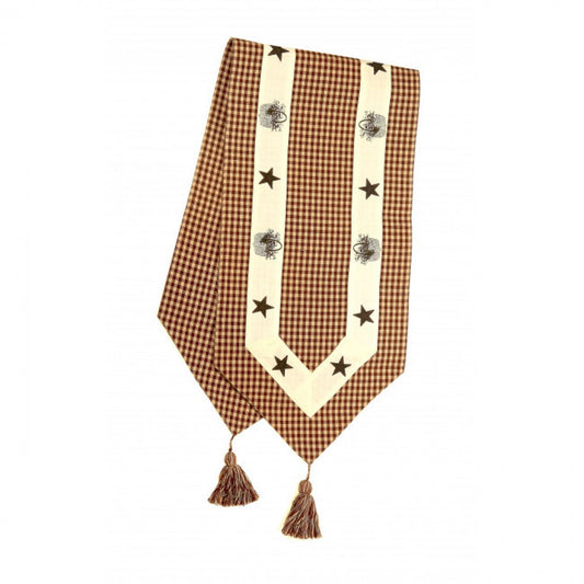 13x54" Burgundy And White Checks With Stars And Baskets Check Pattern With Tassels Table Runner