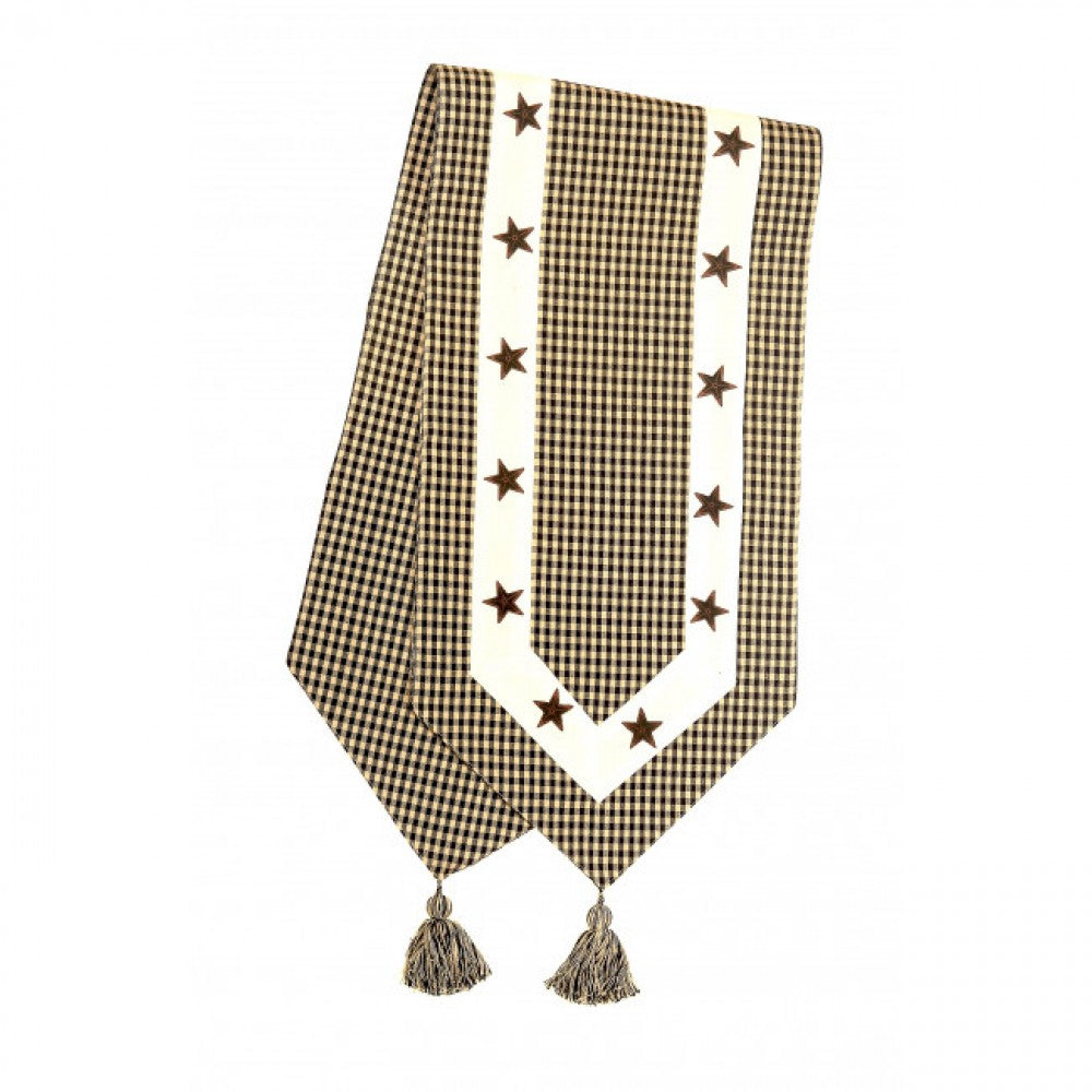 13x54" Black And Cream Checks With Black Stars Check Pattern With Tassels Table Runner