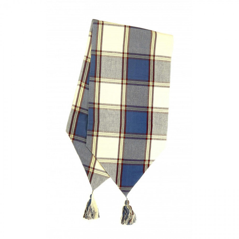 13x54" Sherwood Navy Check Pattern With Tassels Table Runner