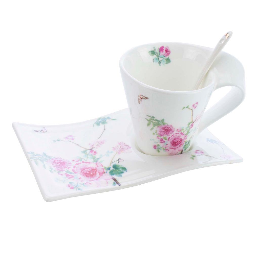 Butterfly With Pink Flowers Wave -Spoon, Cup & Saucer