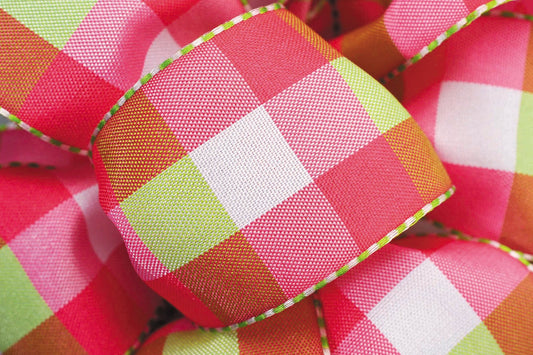 1.5"X50Yds Wired Hot Pink,Kiwi & White Checked Ribbon