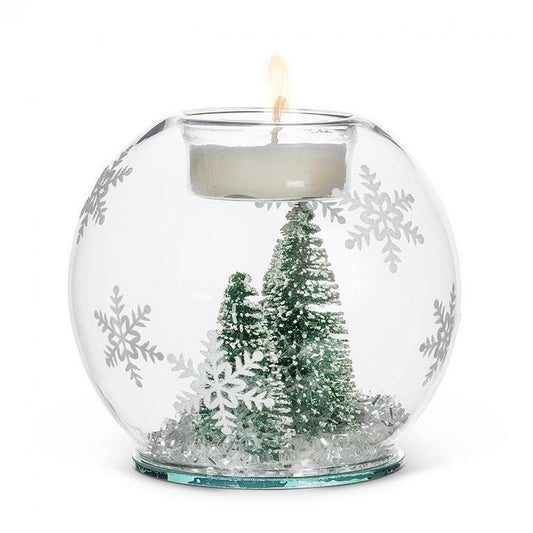 Snowy Brush Trees In A Snowflake Patterned Globe Votive Candle Holder