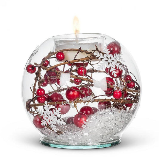 Red Berries & Snow In A Snowflake Patterned Globe Votive Candle Holder