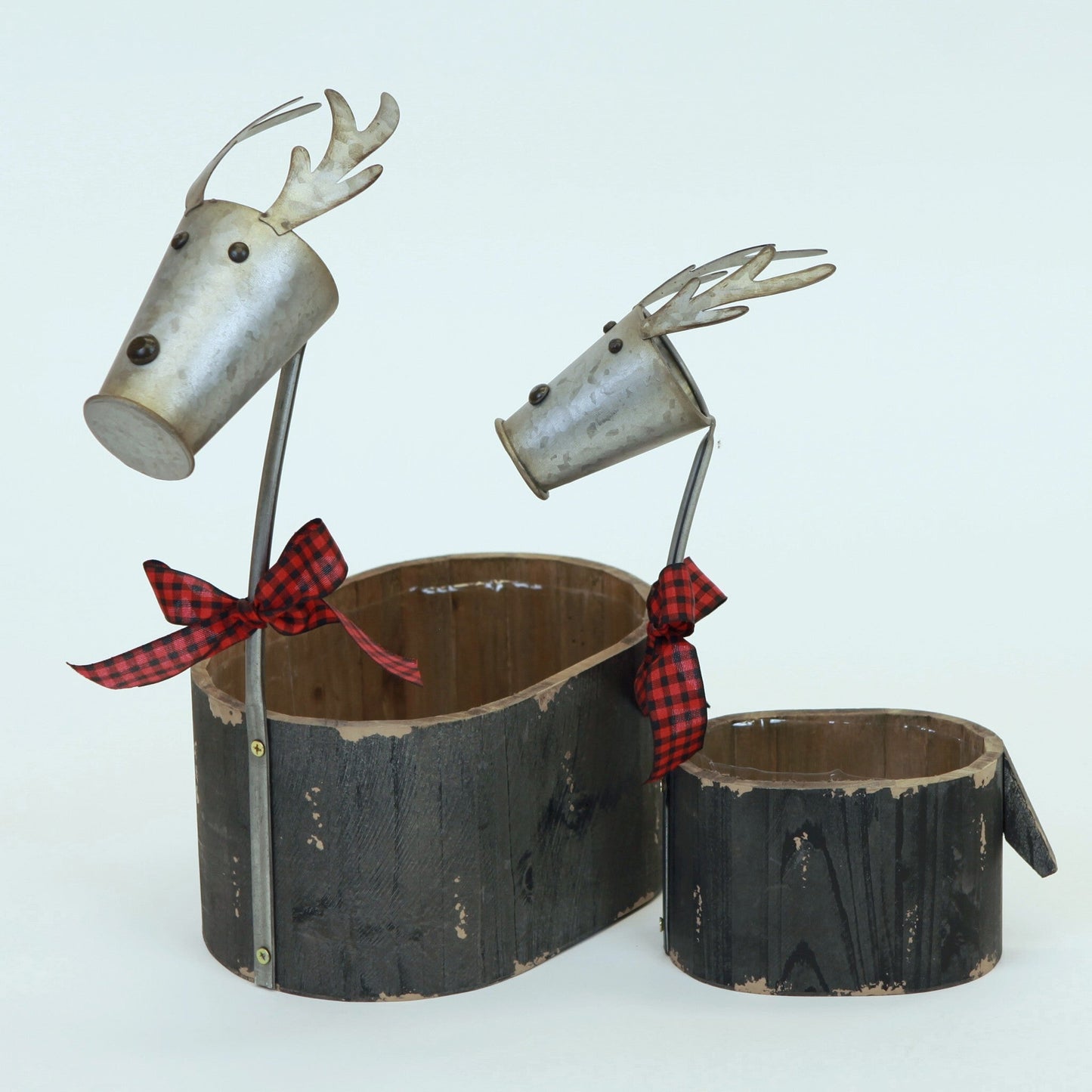 Set Of 2 Reindeers- Wooden Containers With Metal Bucket Heads Decorations