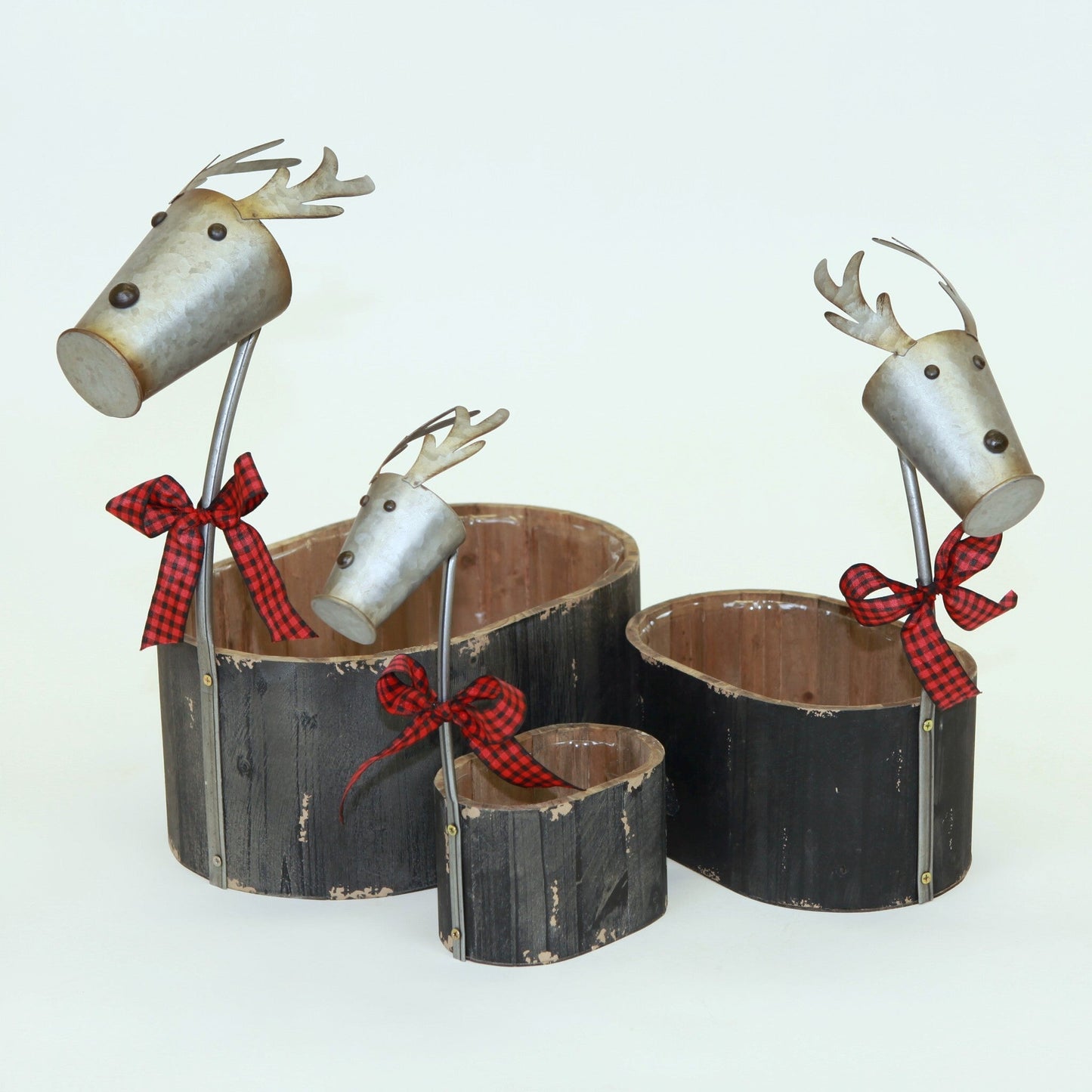 Set Of 3 Reindeers- Wooden Containers With Metal Bucket Heads Decorations