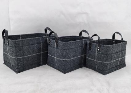 Set Of 3 Light Gray Fabric With Faux Leather Handles Baskets