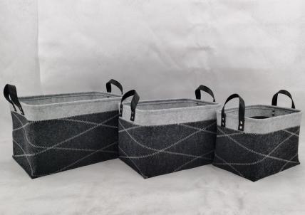 Set Of 3 Dark And Light Gray Fabric With Faux Leather Handles Baskets