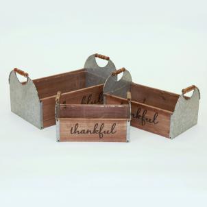 Set Of 3 Metal Ends With Wood Handles And Wood Sides- Thankful Decorative Boxes