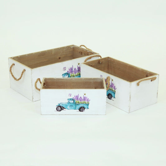 Set Of 3 Wooden With Blue Truck And Purple Plants Design Boxes