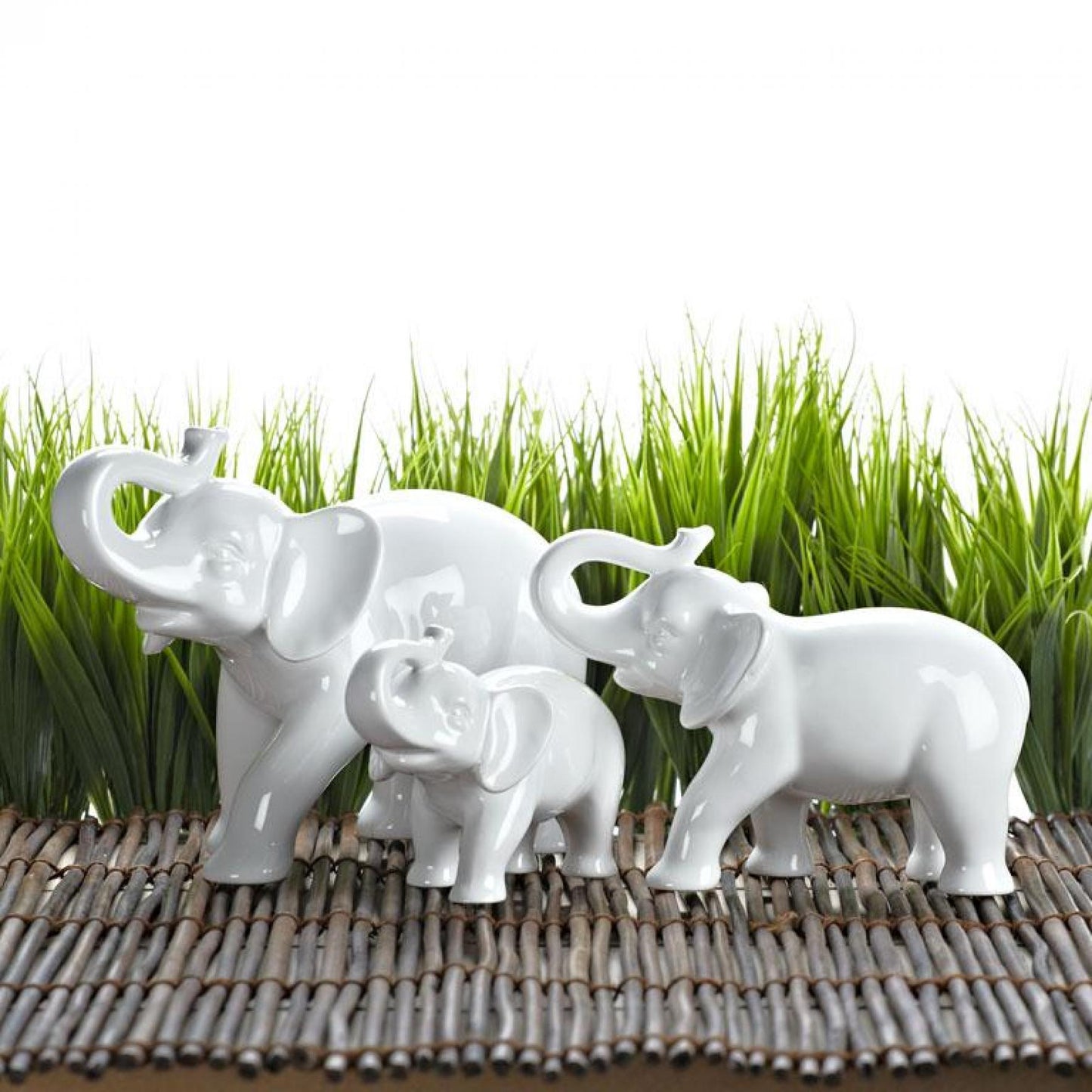 Set of 12 White Elephant With Trunk Up Figurine