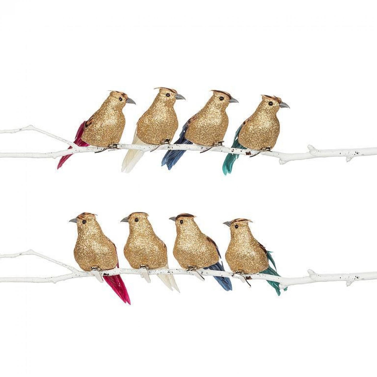 Set Of 8 Assorted Colors Feathered Tail Birds On Clips Ornament