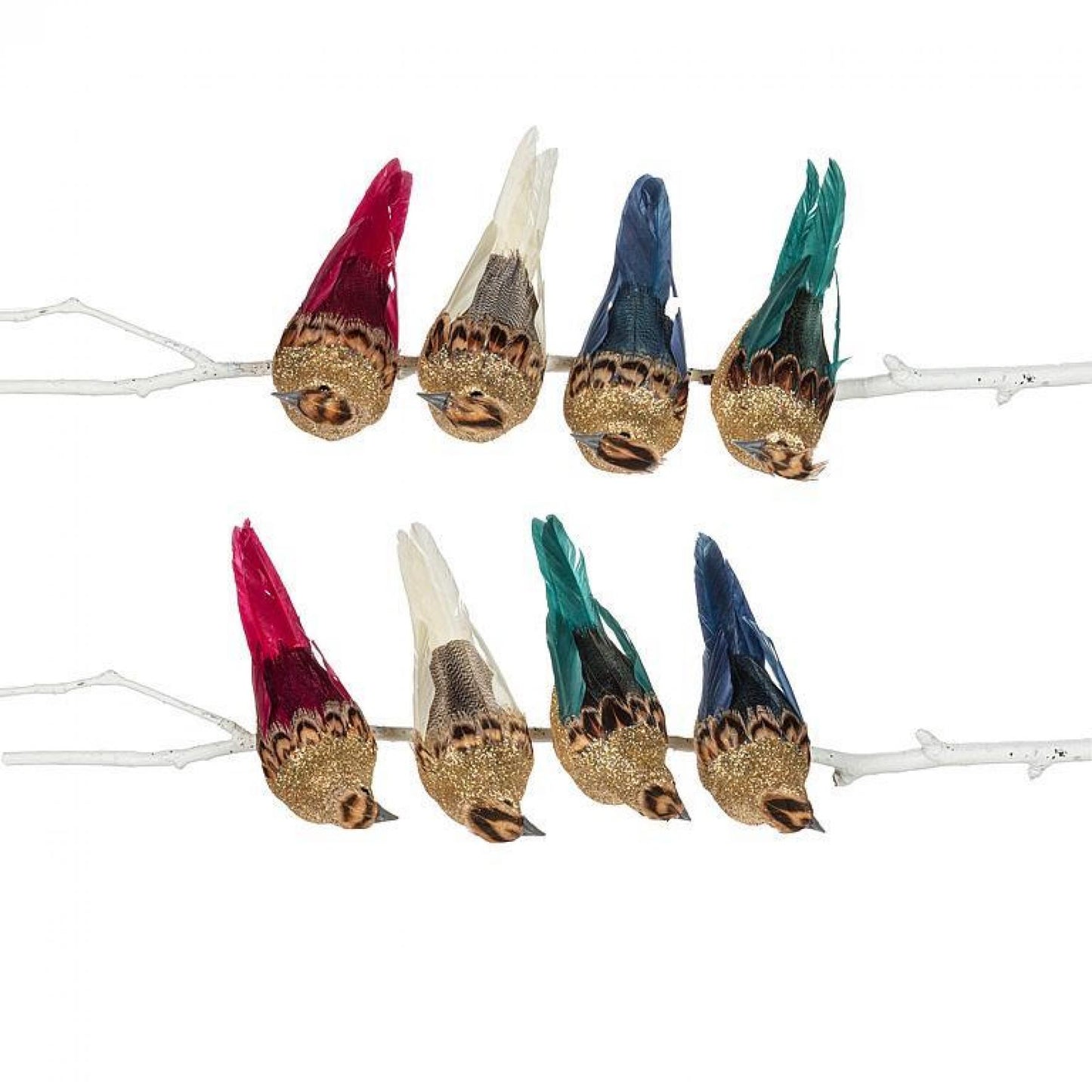 Set Of 8 Assorted Colors Feathered Tail Birds On Clips Ornament