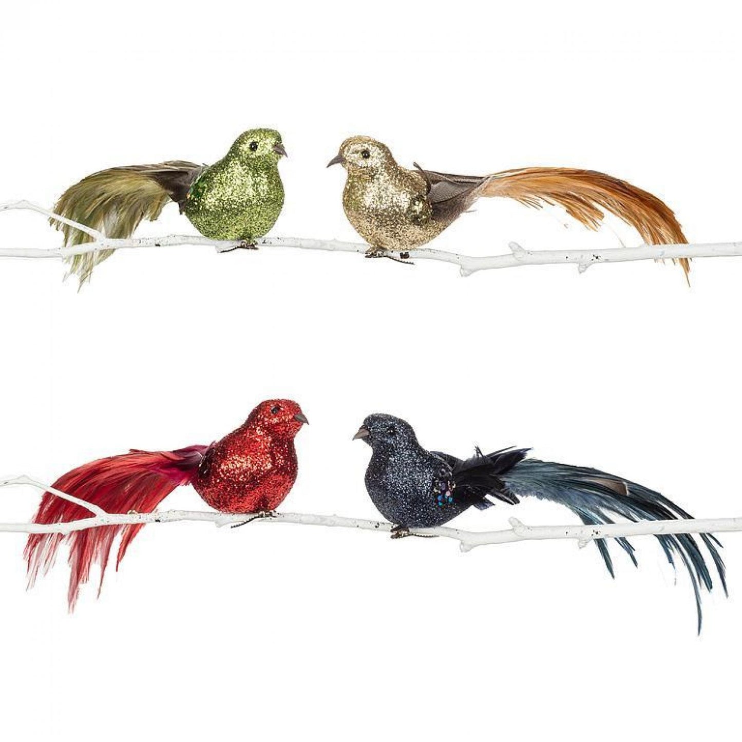 Set Of 4 Assorted Colors Glitter Bodies With Feather Tails Birds With Clip Ornament