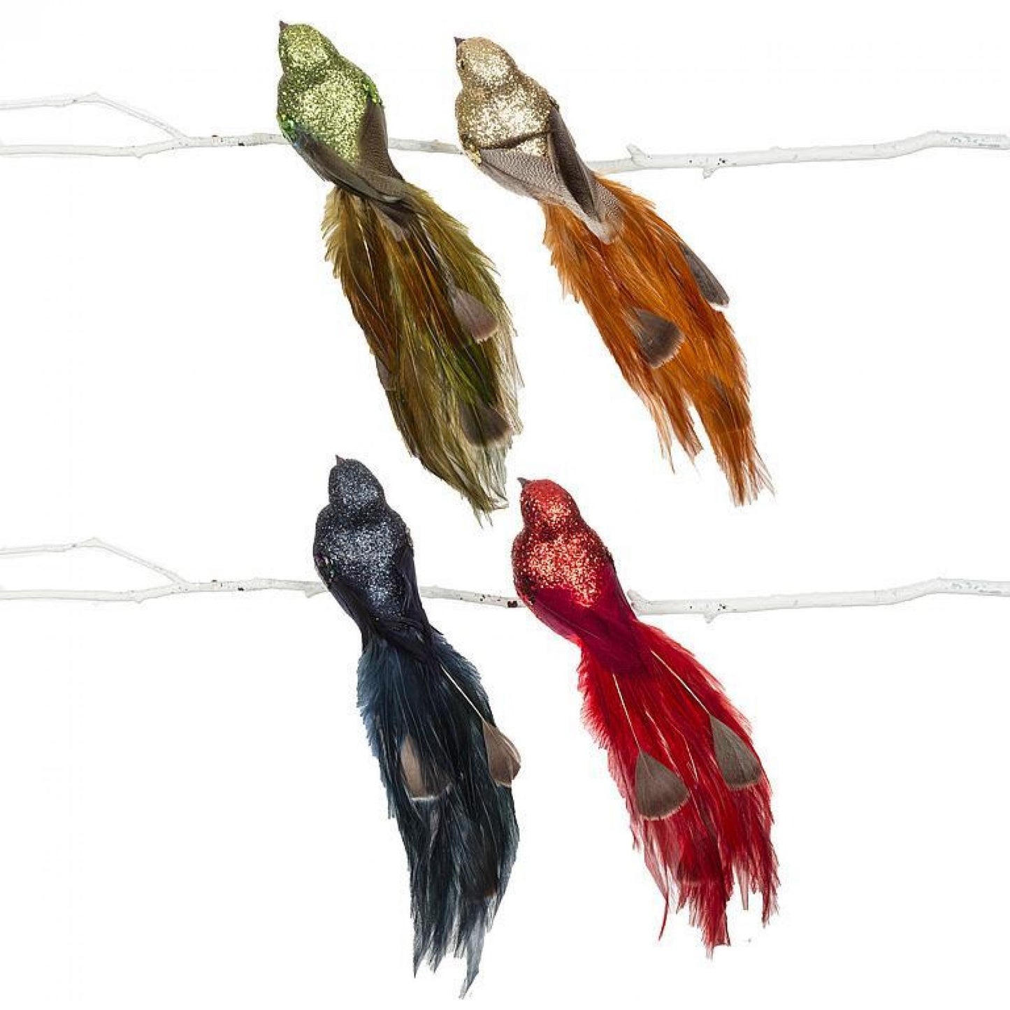 Set Of 4 Assorted Colors Glitter Bodies With Feather Tails Birds With Clip Ornament