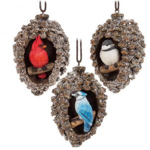 Set Of 3 Assorted Birds In Pinecone Nests Ornament