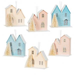 Set Of 6 Assorted Styles Pastel House & Tree Ornament