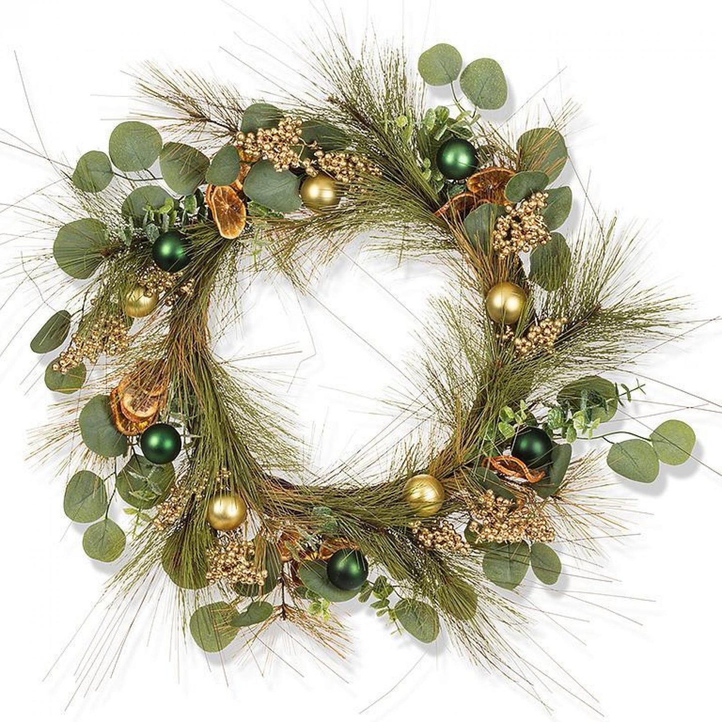 Gold Berries, Fruit And Green And Gold Ball Ornaments Wreath