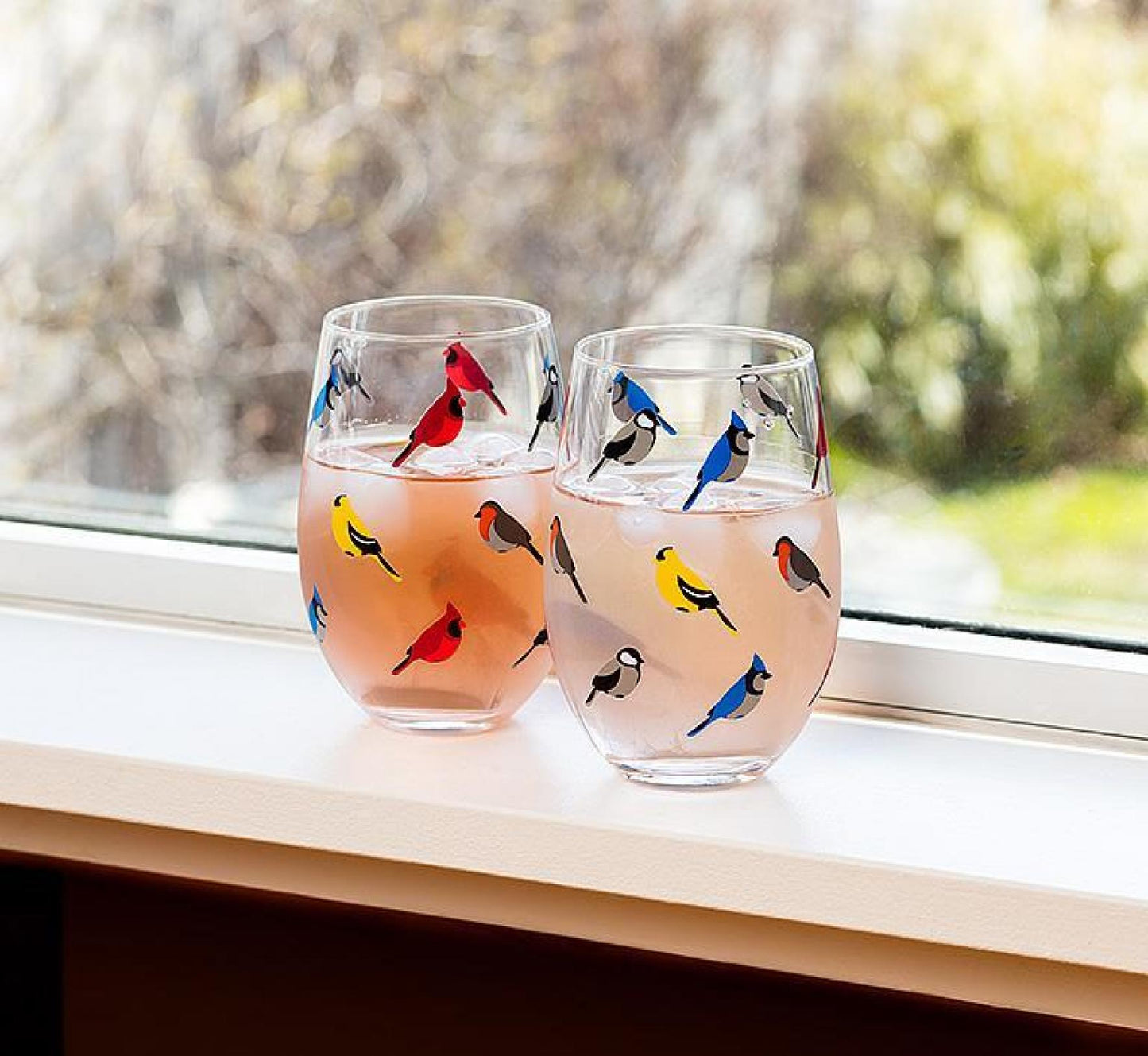 Set of 12 Multi Bird Stemless Wine Drinking Glass
