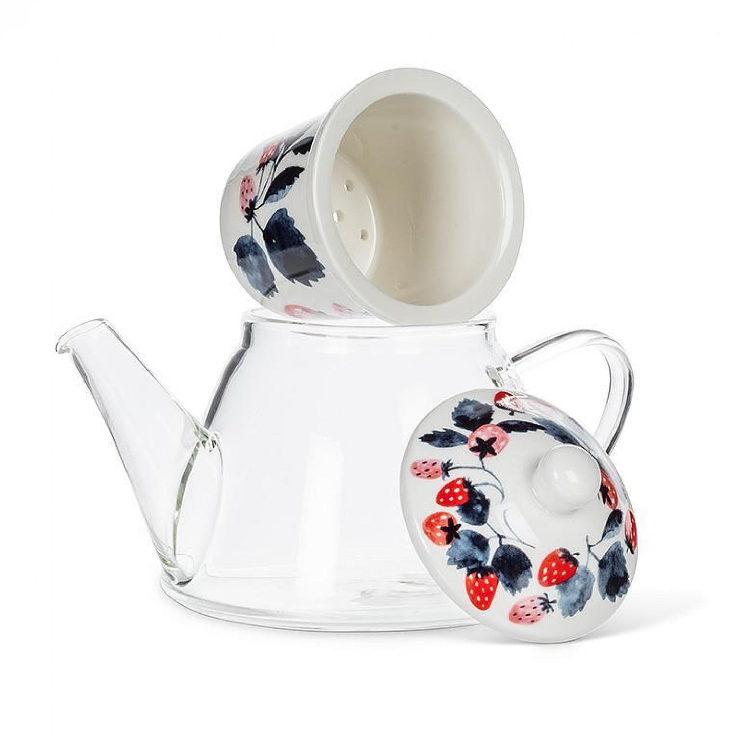 Strawberries Covered Strainer And Clear Teapot