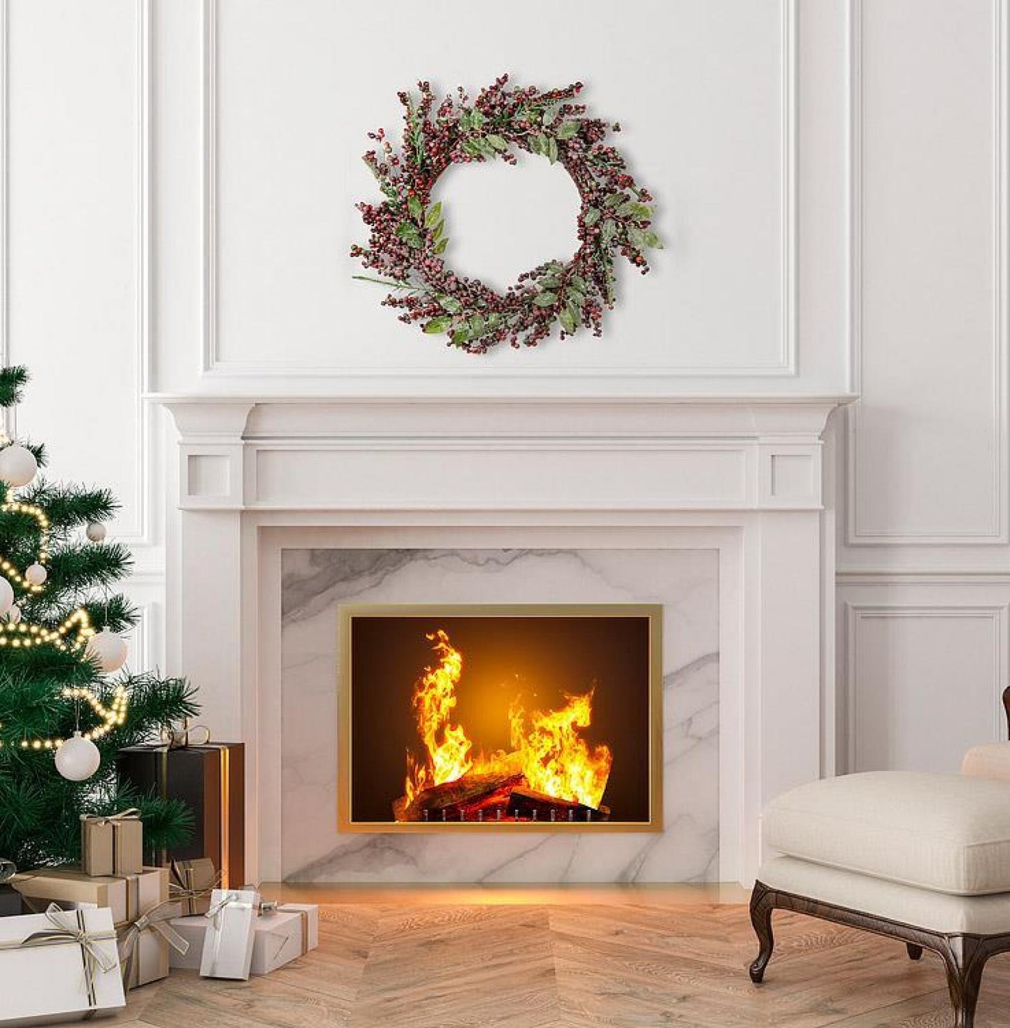 Frosted Red Berries And Green Leaves Wreath