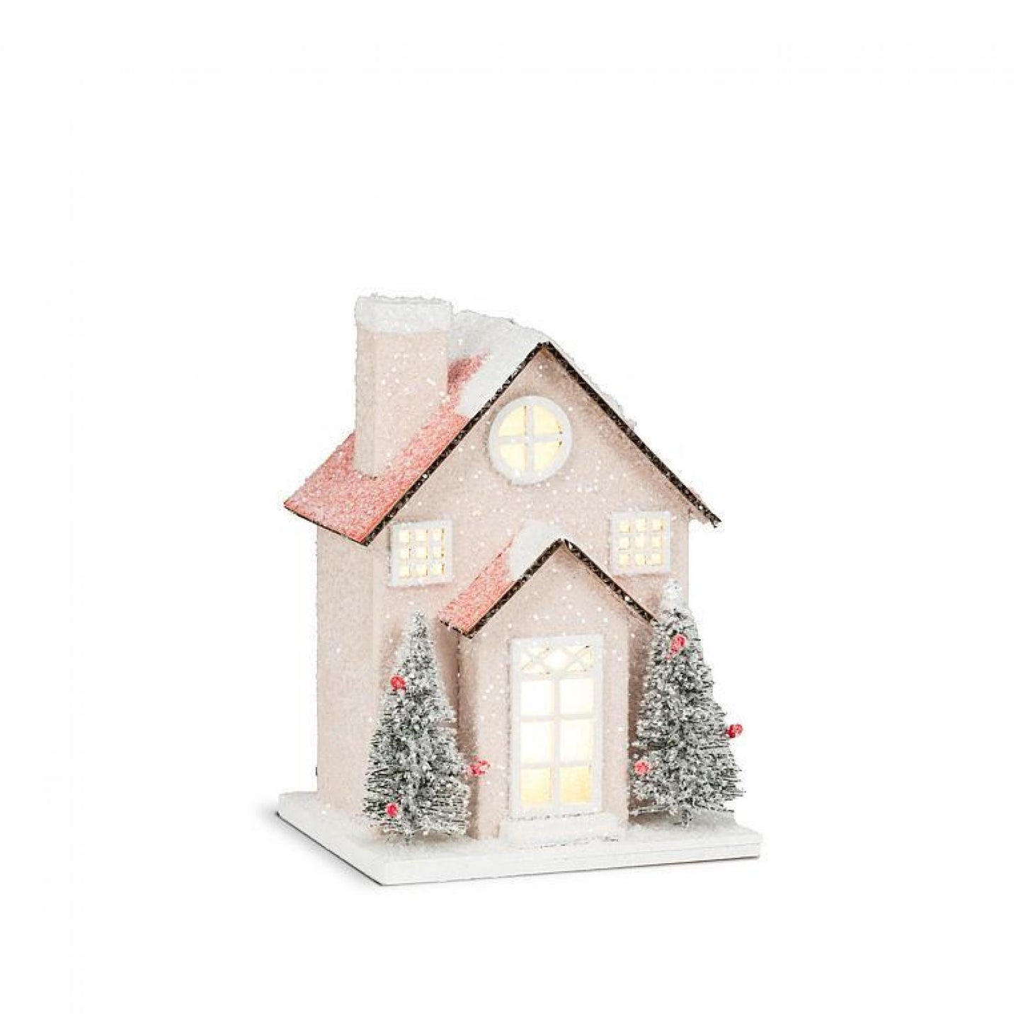 Pink Snowy Glitter House With Led Lights Figurine