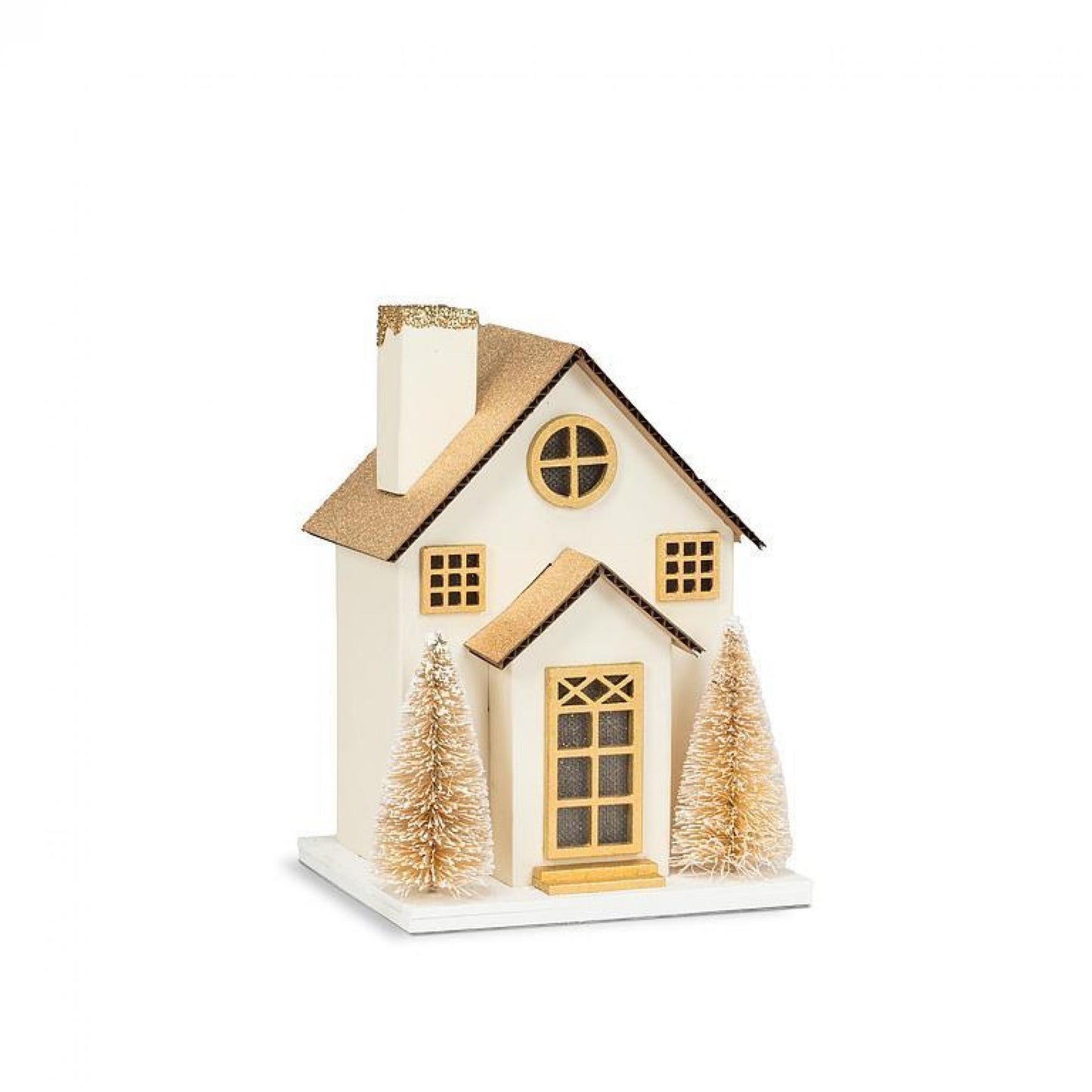 White And Gold Glitter House With Led Lights Figurine