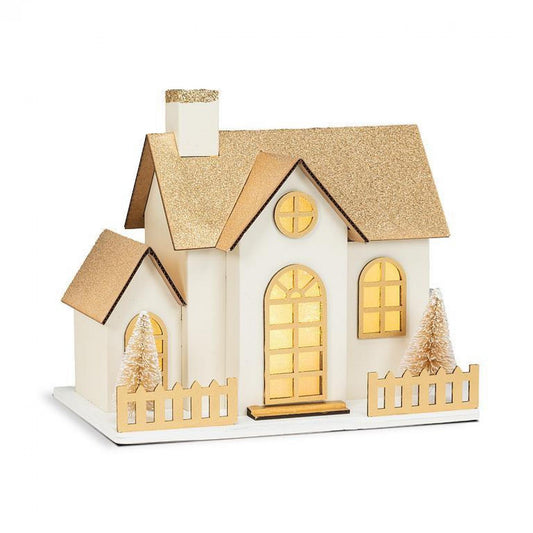 White And Gold Glitter House With A Fence And Led Lights Figurine