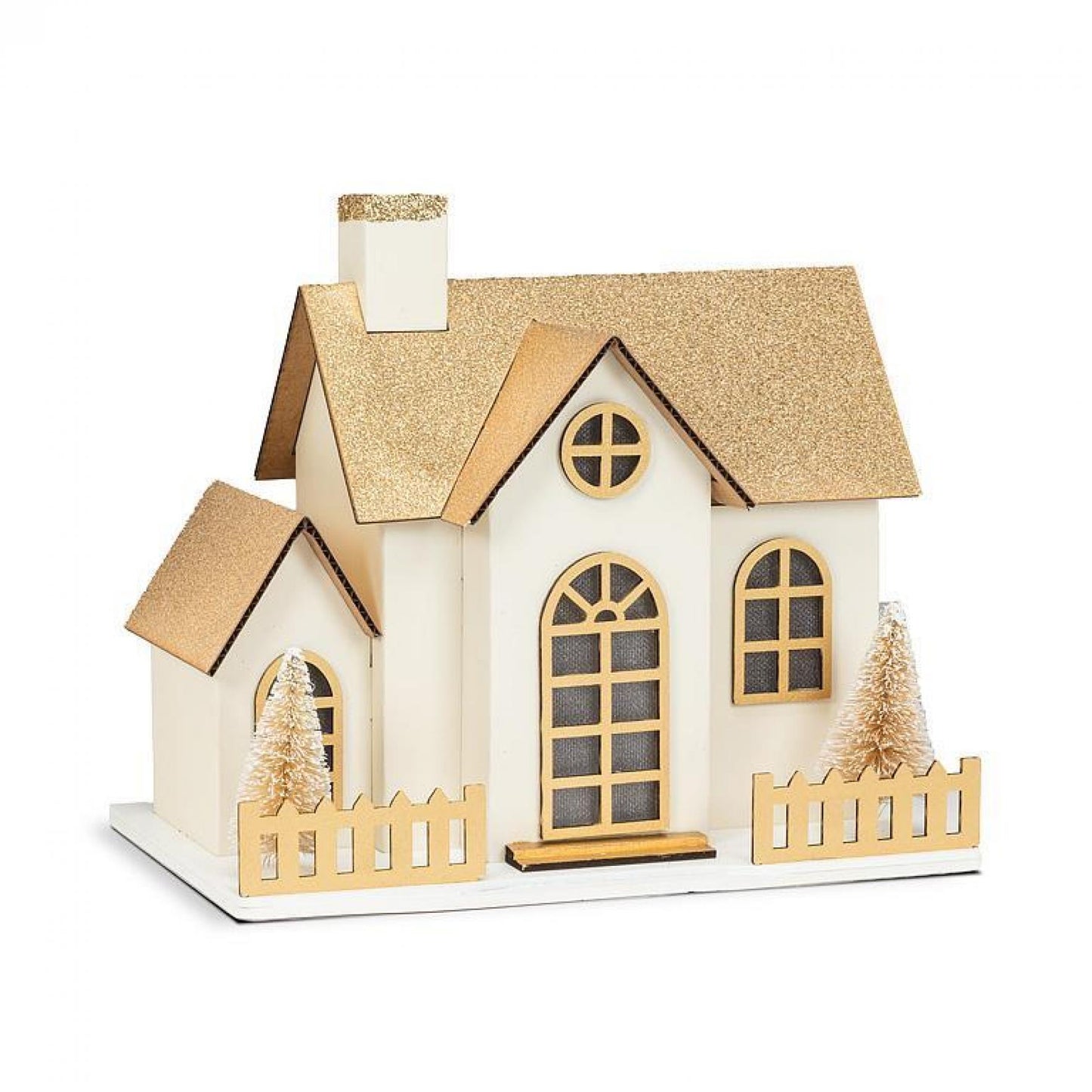 White And Gold Glitter House With A Fence And Led Lights Figurine