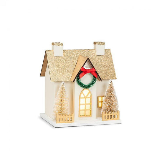 White And Gold Glitter House With Wreath And Led Lights Figurine