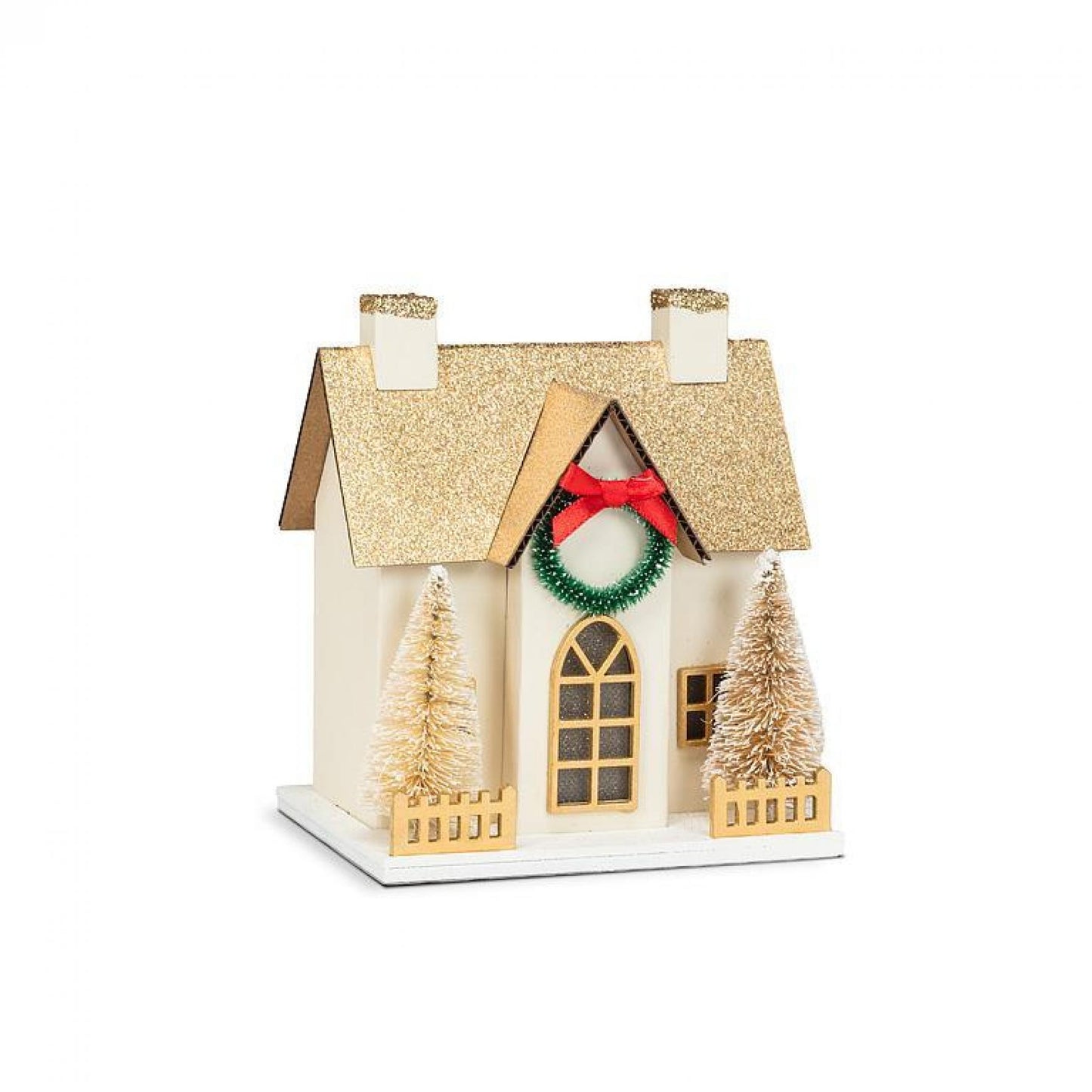 White And Gold Glitter House With Wreath And Led Lights Figurine