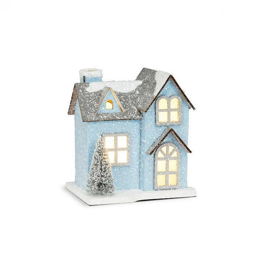 Snowy Blue Glitter House With Led Lights Figurine