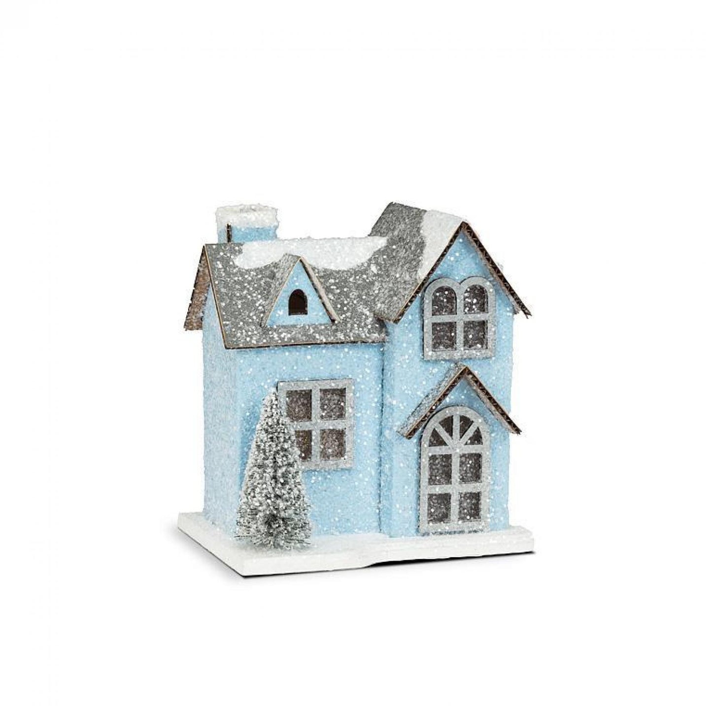 Snowy Blue Glitter House With Led Lights Figurine