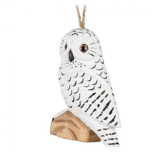 Perched Snowy Owl Carved Ornament