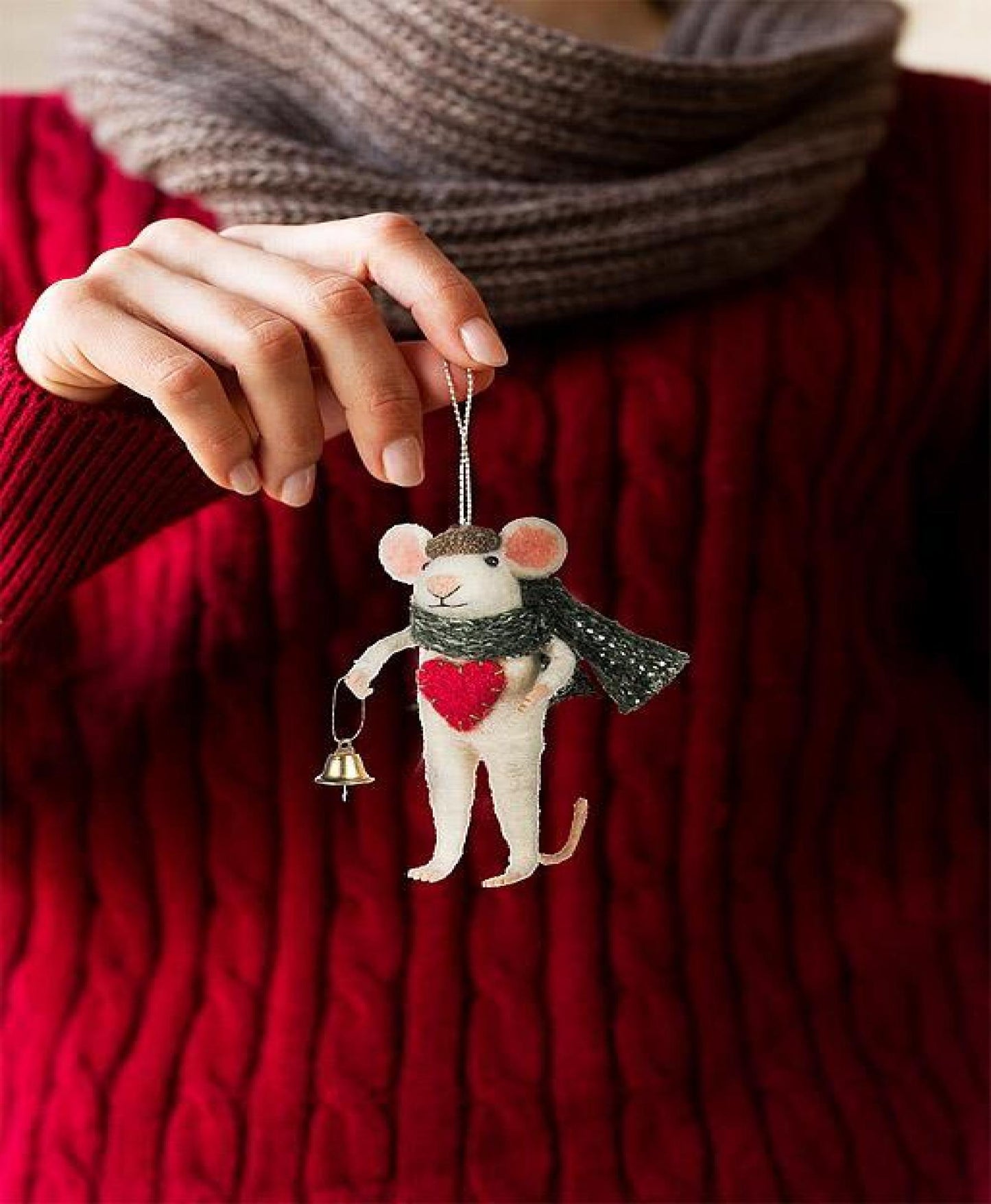 Winter Mouse With Heart & Bell Ornament