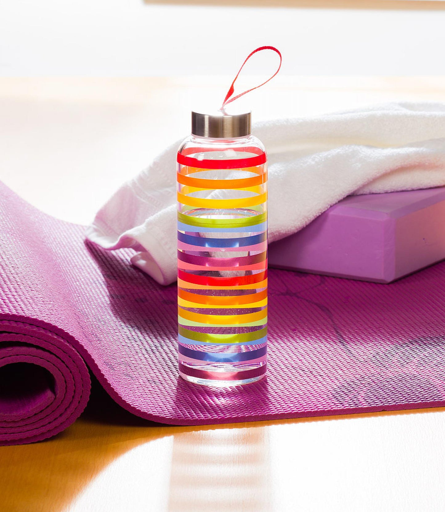 Colorful Stripes With Strap & Cap Water Bottle