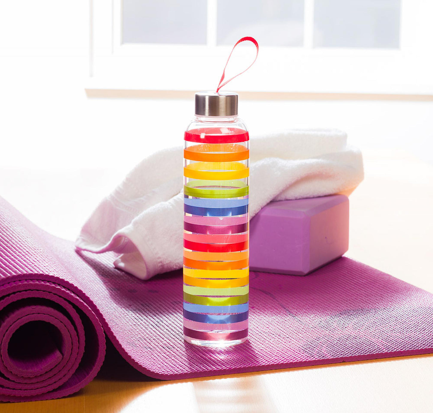 Colorful Stripes With Strap & Cap Water Bottle